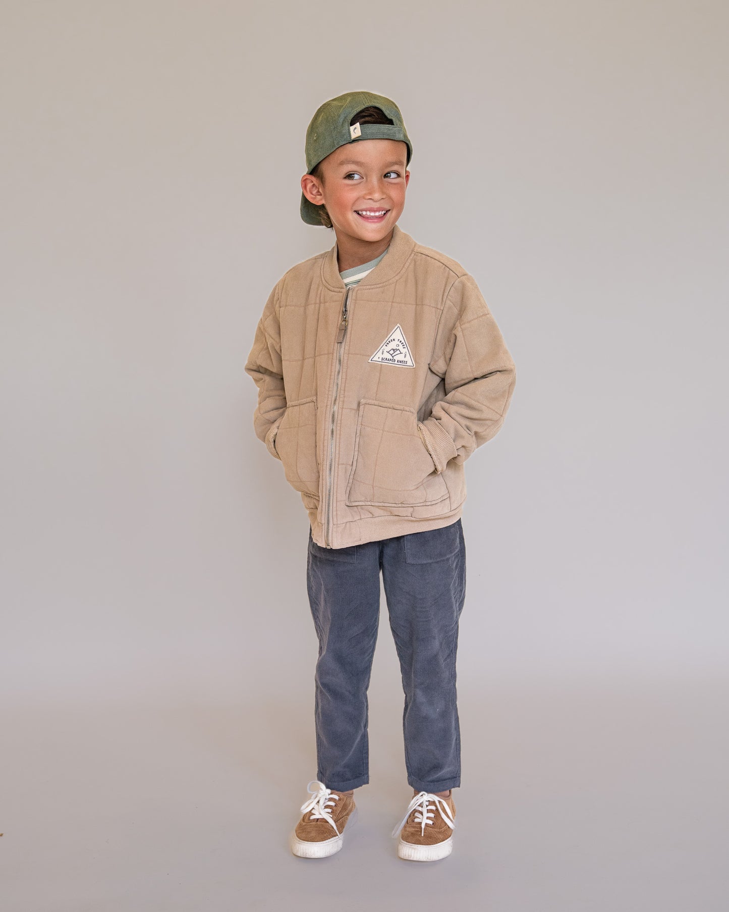 Fresh Trees & Scraped Knees Quilted Bomber Jacket (tan)